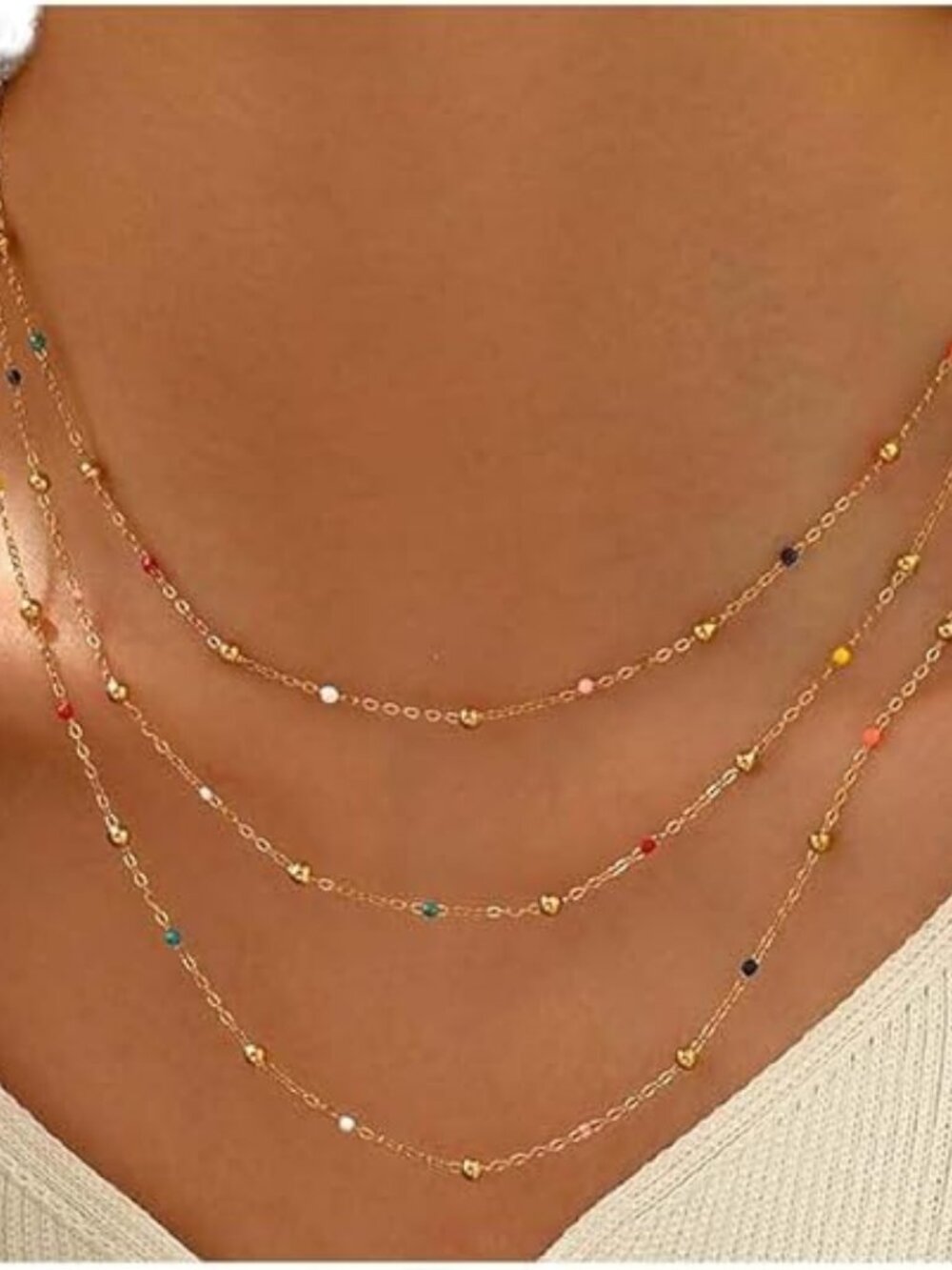 Gold Chain Necklace for Women Dainty 18K Gold Plated Thin Satellite Beaded Turqu